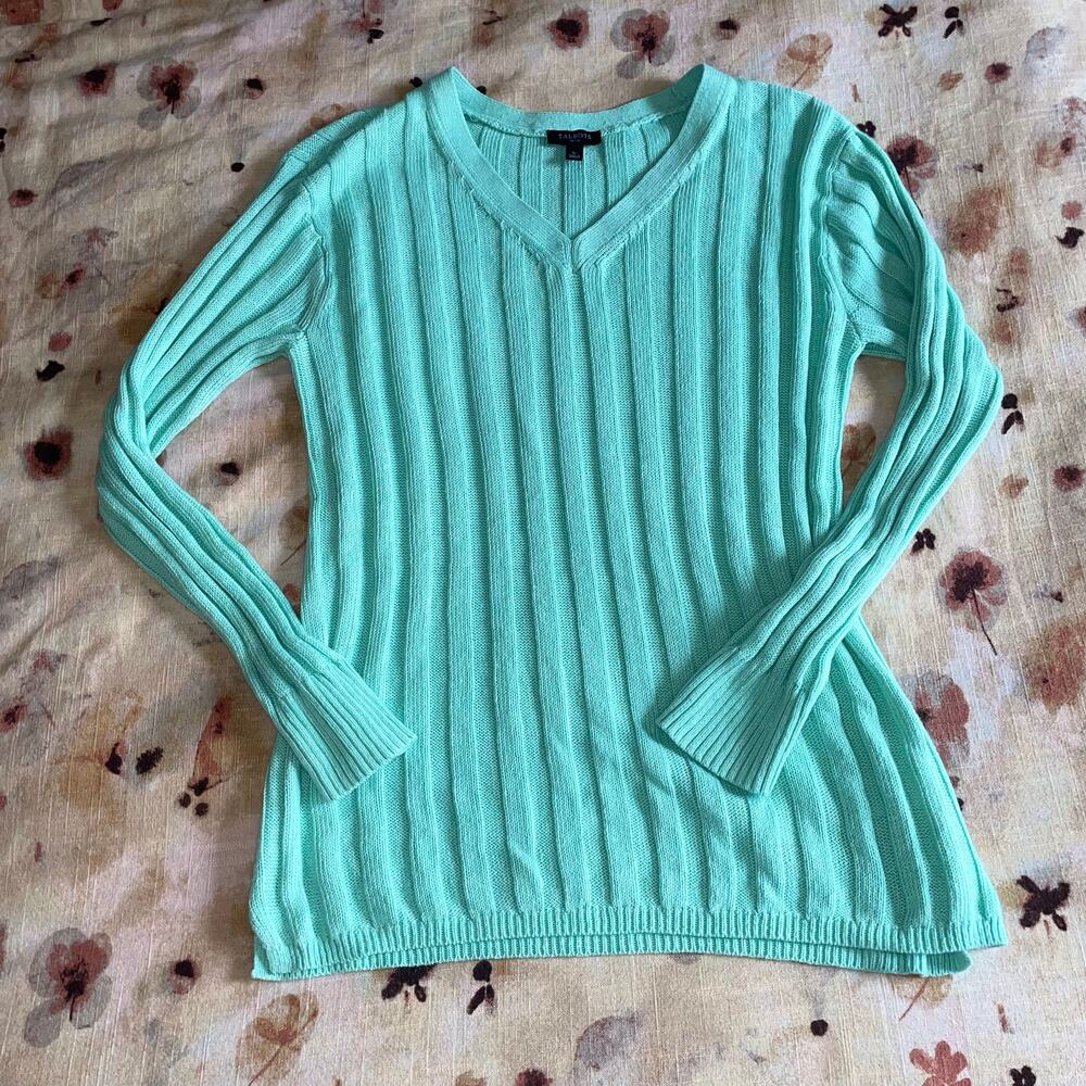 Talbots Mint Cotton Linen Blend Ribbed Sweater Preppy Cozy New England Coastal